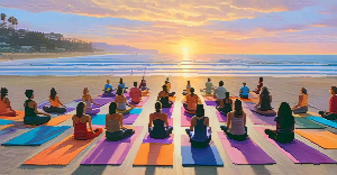 A yoga class at sunset on a beach with participants in various poses and colorful mats, illuminated by the warm glow of the setting sun.