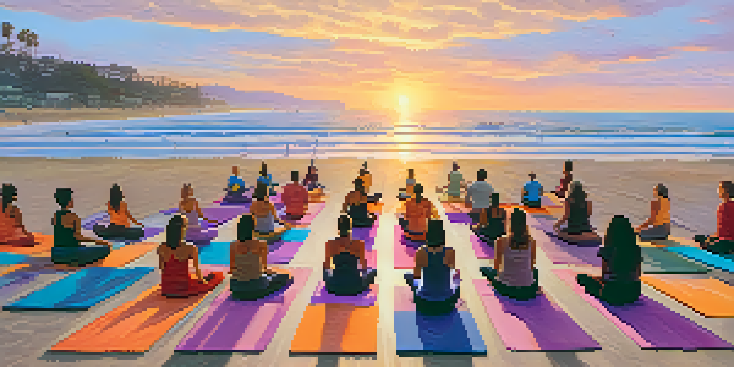 A yoga class at sunset on a beach with participants in various poses and colorful mats, illuminated by the warm glow of the setting sun.