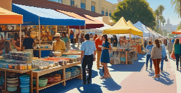A lively craft market in Santa Monica with artisans displaying colorful handmade goods and visitors interacting with them under a sunny sky.