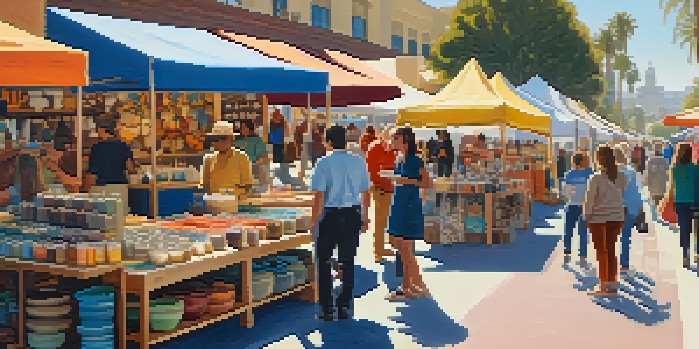 A lively craft market in Santa Monica with artisans displaying colorful handmade goods and visitors interacting with them under a sunny sky.