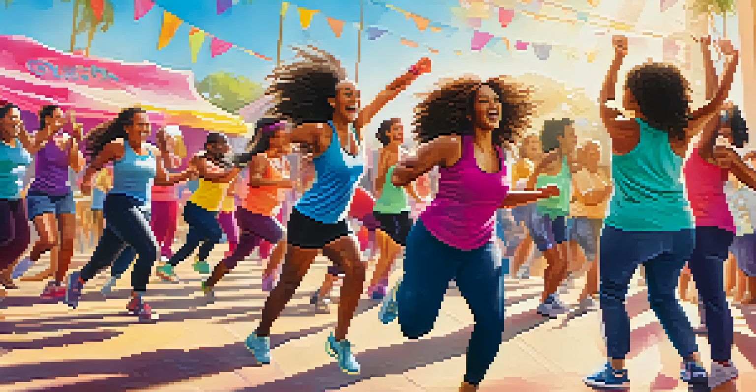 A joyful Zumba class at a health fair with participants dancing energetically in colorful workout clothes under sunny skies.