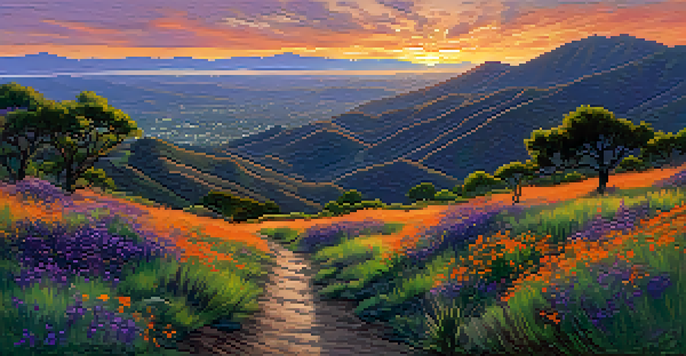 A scenic sunset view of the Santa Monica Mountains with green hills, a hiking trail, and deer, illuminated by vibrant orange and purple colors in the sky.