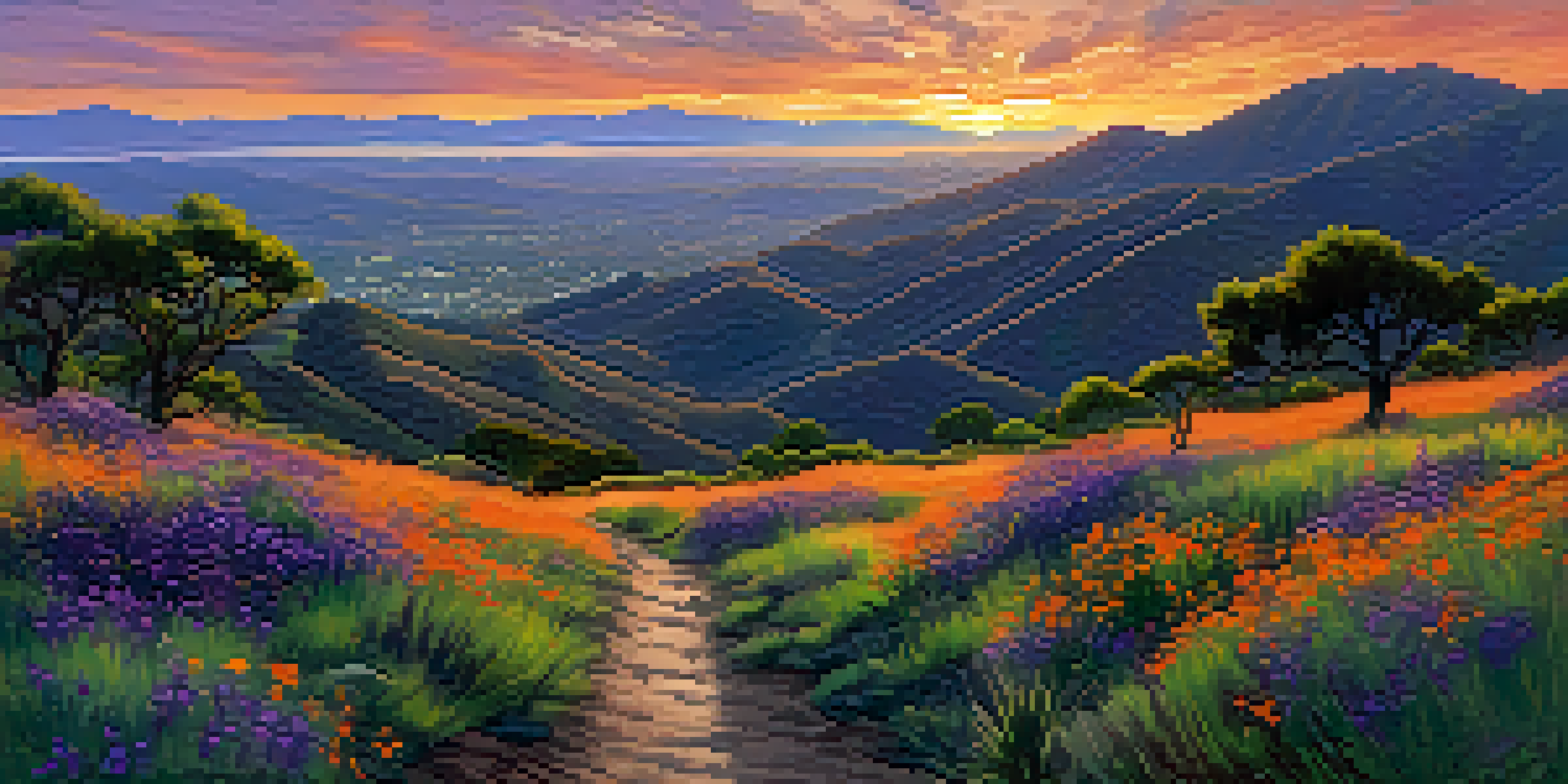 A scenic sunset view of the Santa Monica Mountains with green hills, a hiking trail, and deer, illuminated by vibrant orange and purple colors in the sky.
