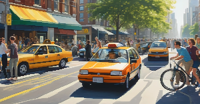 A busy city street with people using car-sharing services, surrounded by trees, cyclists, and modern buildings in the warm afternoon light.