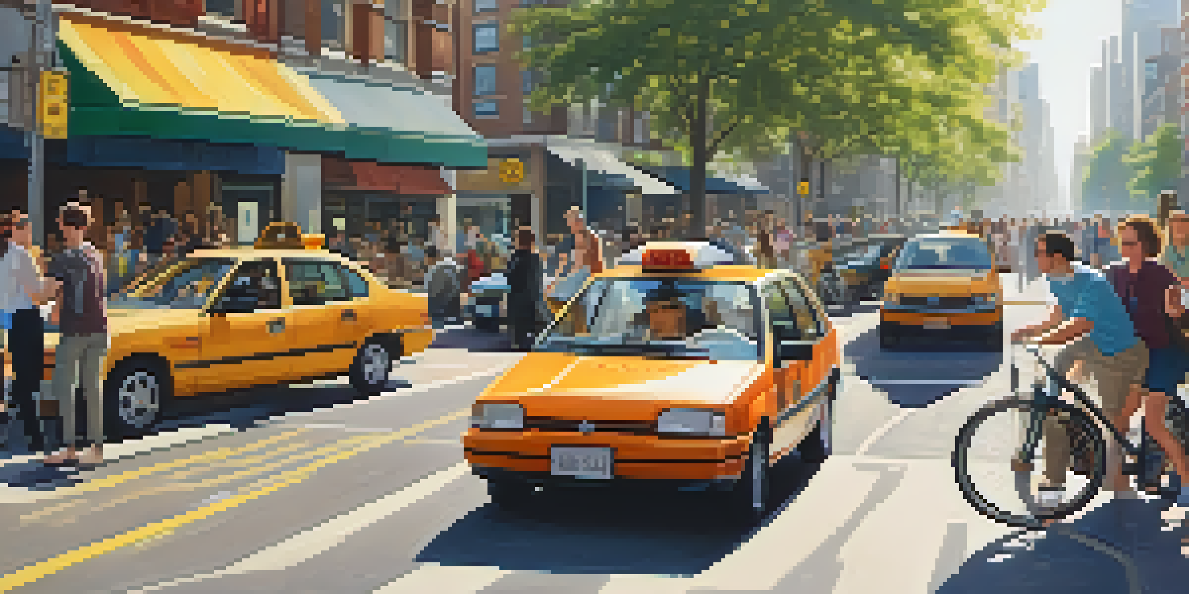 A busy city street with people using car-sharing services, surrounded by trees, cyclists, and modern buildings in the warm afternoon light.