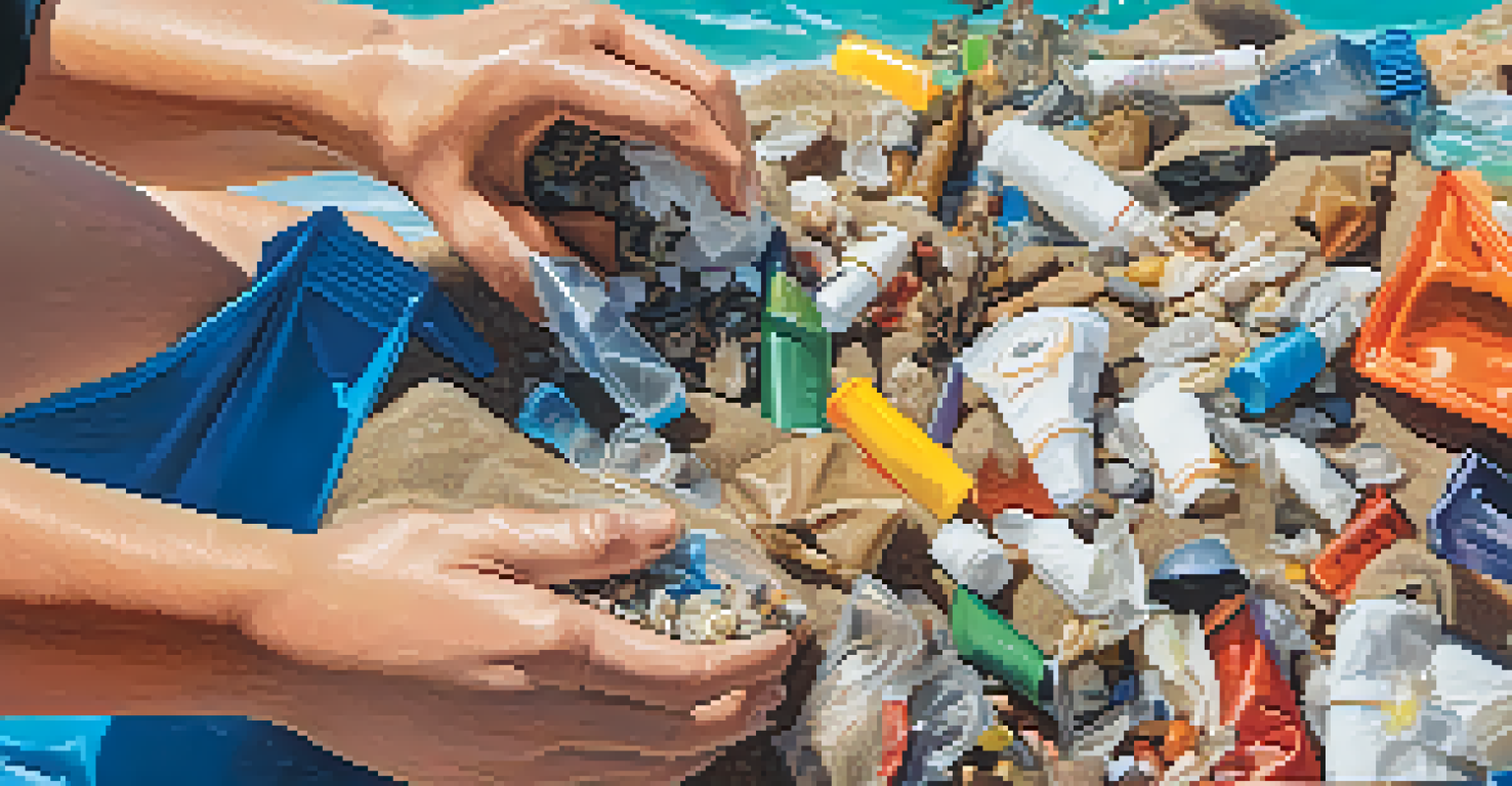 Close-up of a volunteer's hands sorting litter during a beach clean-up, showcasing various types of waste in a biodegradable bag.