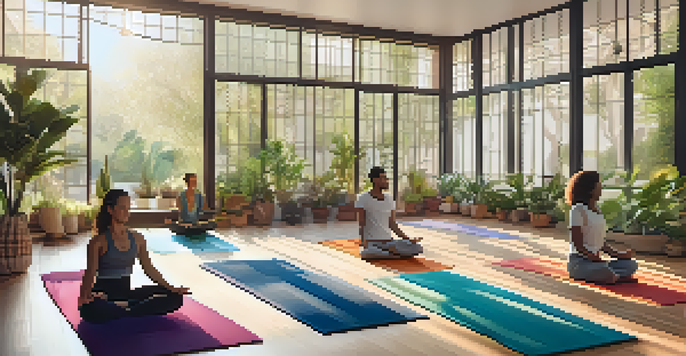 A peaceful yoga studio with diverse individuals practicing yoga, surrounded by plants and soft lighting.