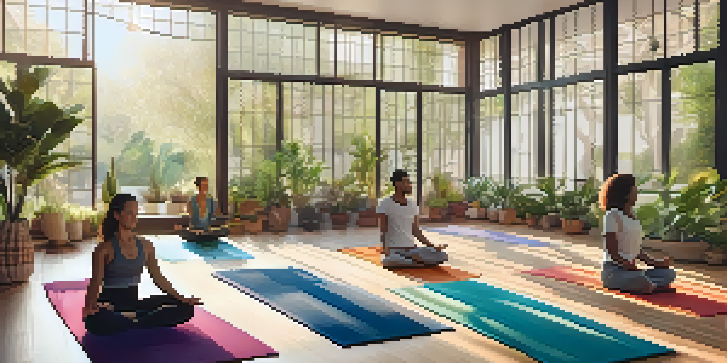 A peaceful yoga studio with diverse individuals practicing yoga, surrounded by plants and soft lighting.