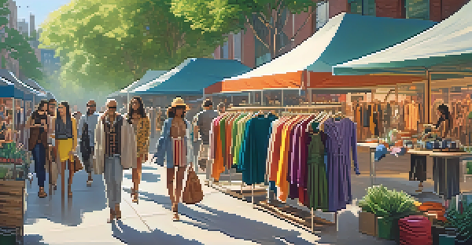 A bustling local fashion market with various sustainable fashion designers showcasing colorful garments and accessories, surrounded by greenery and sunlight.