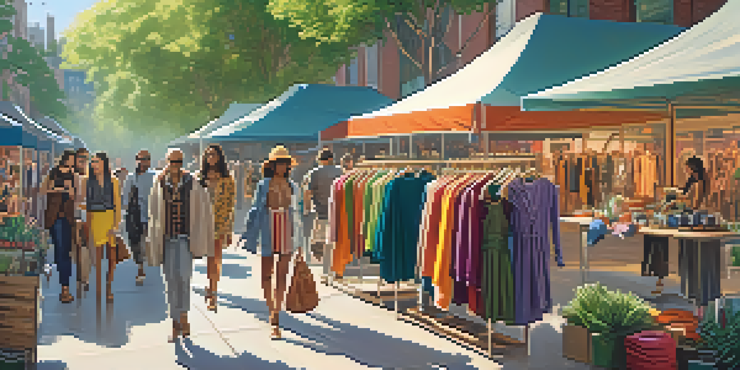 A bustling local fashion market with various sustainable fashion designers showcasing colorful garments and accessories, surrounded by greenery and sunlight.