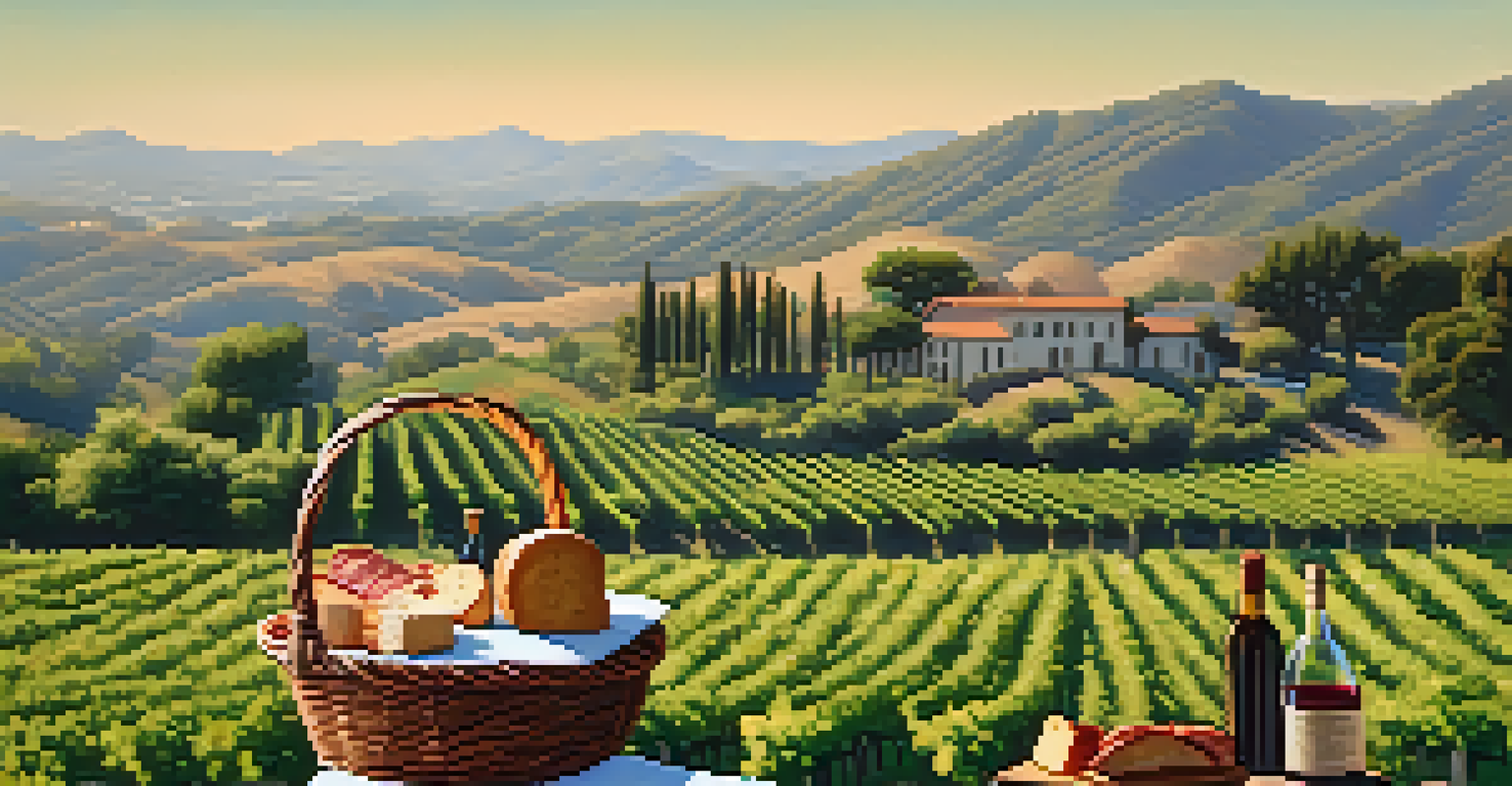 A scenic vineyard with grapevines and a picnic basket filled with cheeses and cured meats, set against a backdrop of rolling hills and a clear sky.