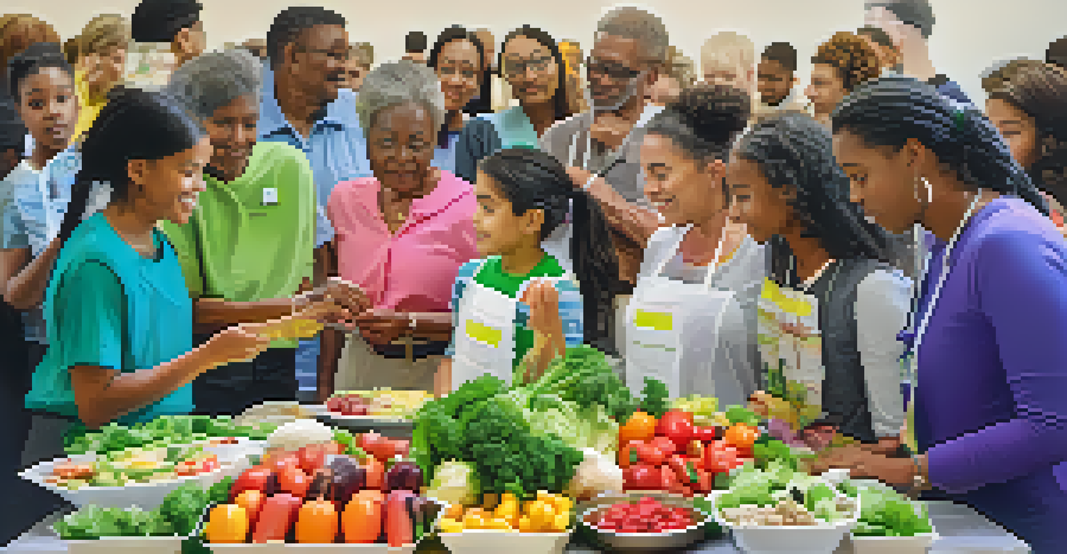 A nutrition workshop at a health fair with an expert demonstrating healthy cooking surrounded by colorful fruits and vegetables.