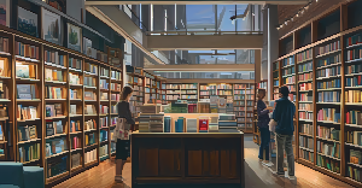 A cozy interior of a bookstore in Santa Monica, featuring smart lighting that creates a warm ambiance as customers browse through books.