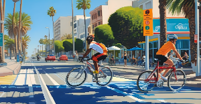 A lively view of cyclists riding along Santa Monica's bike lanes by the beach, with palm trees and ocean waves in the background.