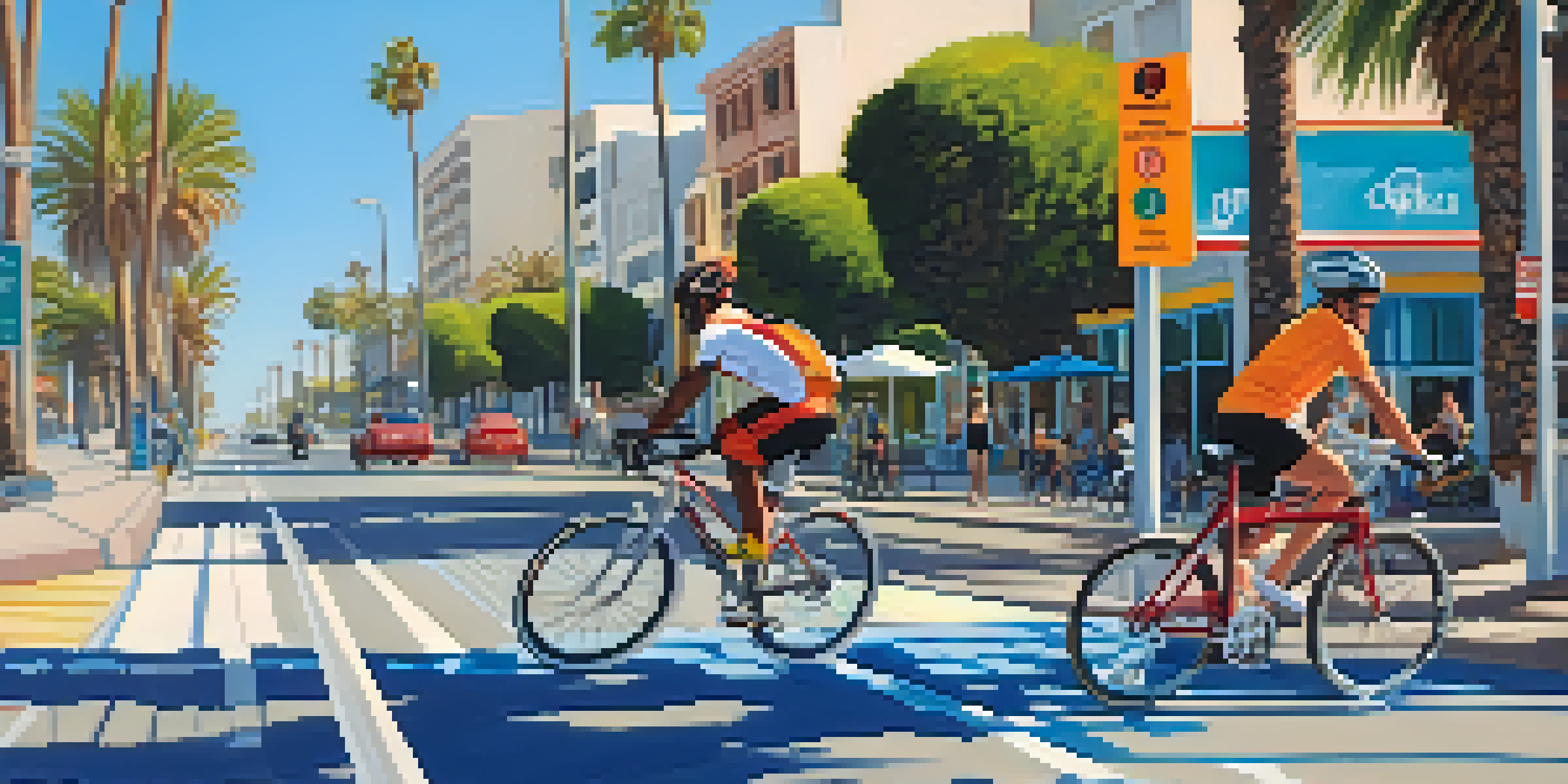 A lively view of cyclists riding along Santa Monica's bike lanes by the beach, with palm trees and ocean waves in the background.