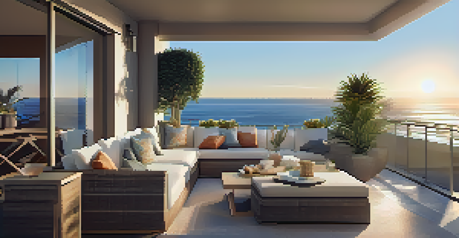 A close-up of a luxury condo balcony with modern furniture and a view of the Santa Monica coastline at sunset.