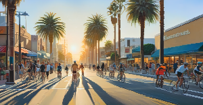 A busy Santa Monica street with cyclists riding in dedicated bike lanes during sunset, showcasing palm trees and vibrant storefronts.