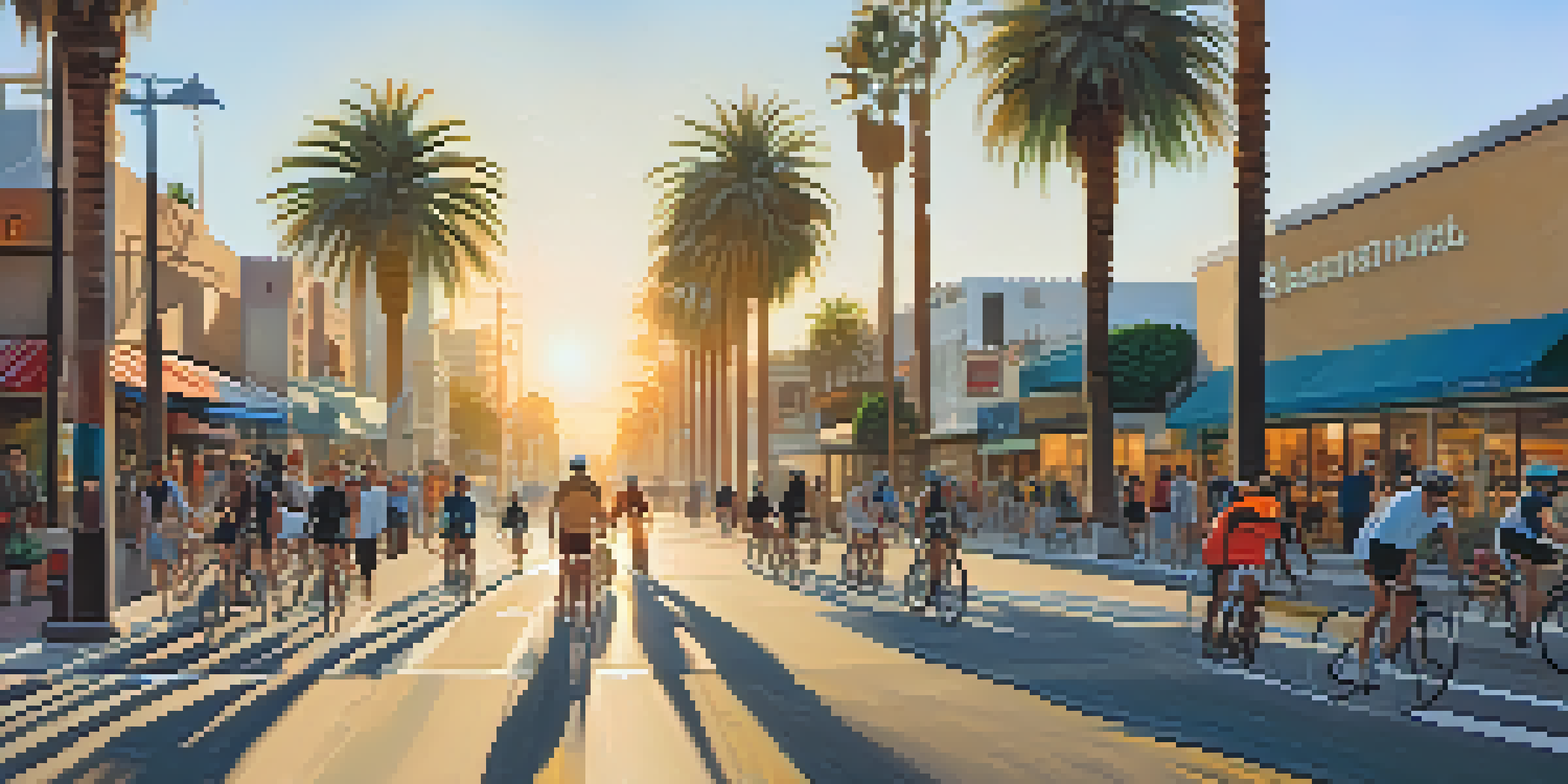 A busy Santa Monica street with cyclists riding in dedicated bike lanes during sunset, showcasing palm trees and vibrant storefronts.