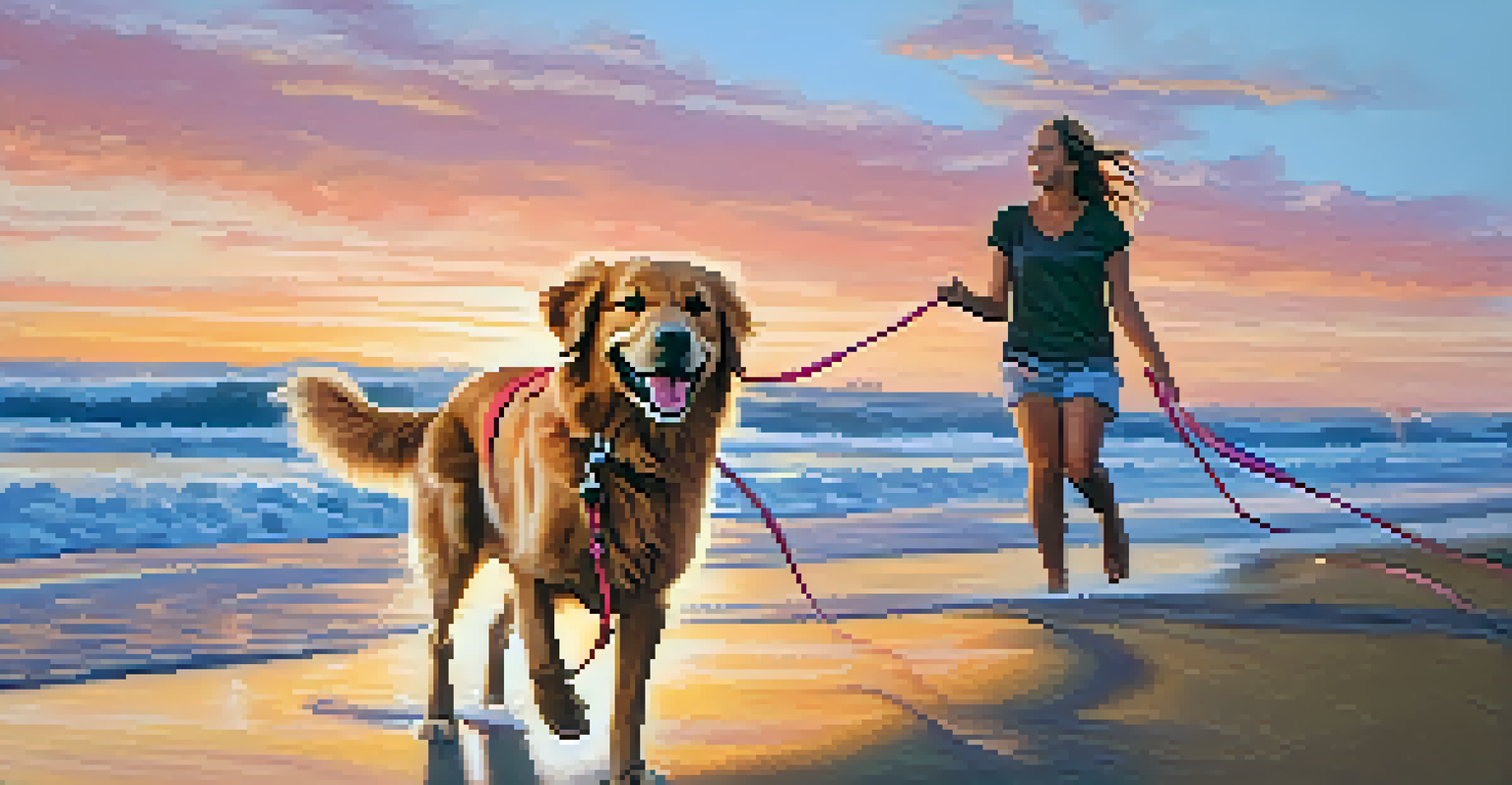 A golden retriever happily being walked on a beach at sunset in Santa Monica.