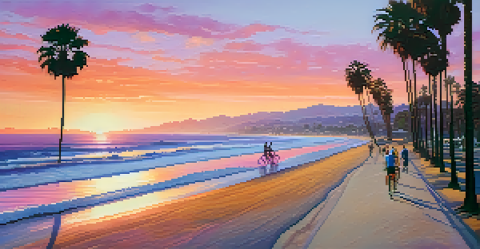A beautiful sunset over Santa Monica beach with people biking along the shore and vibrant colors in the sky.