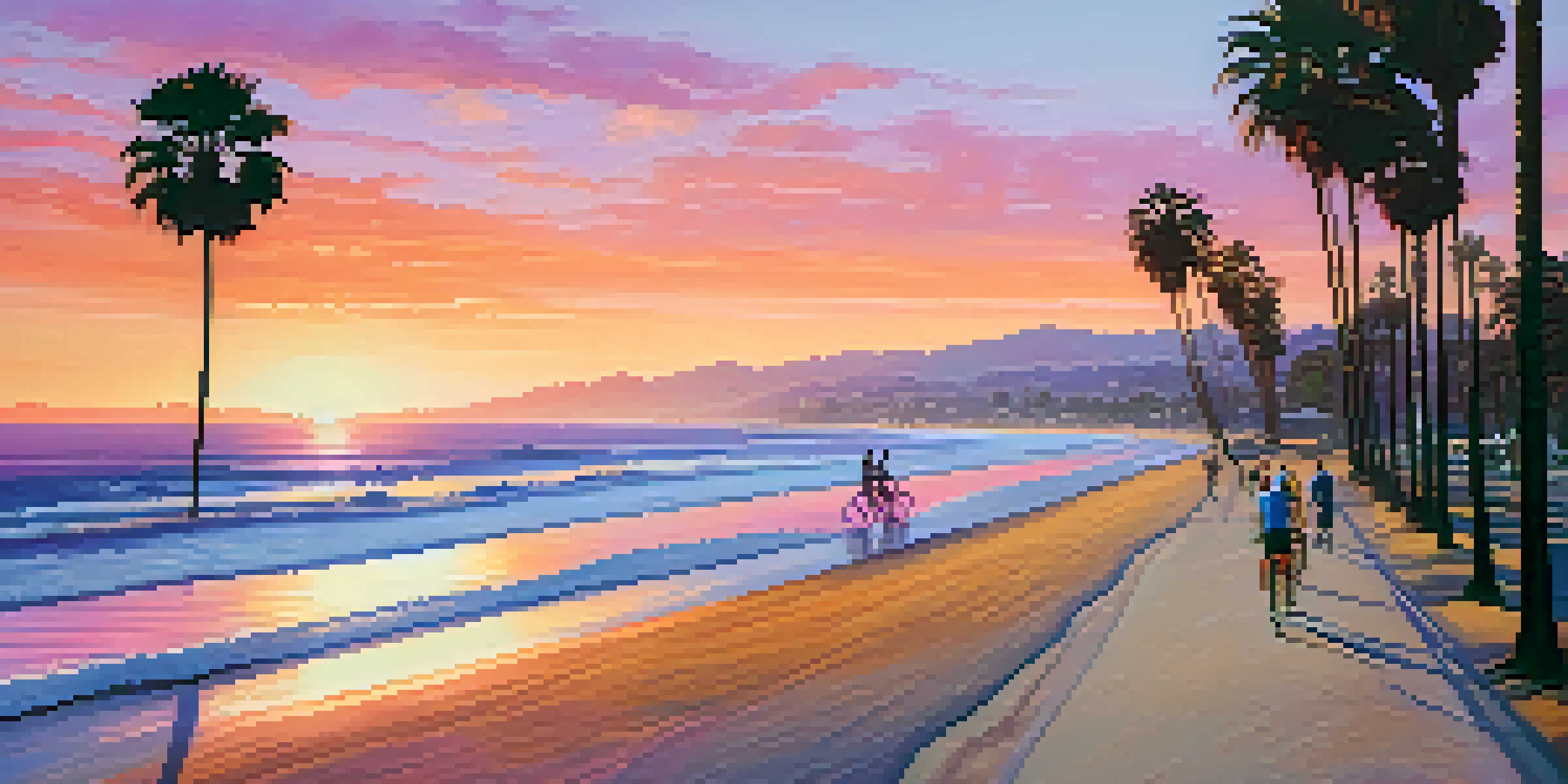 A beautiful sunset over Santa Monica beach with people biking along the shore and vibrant colors in the sky.