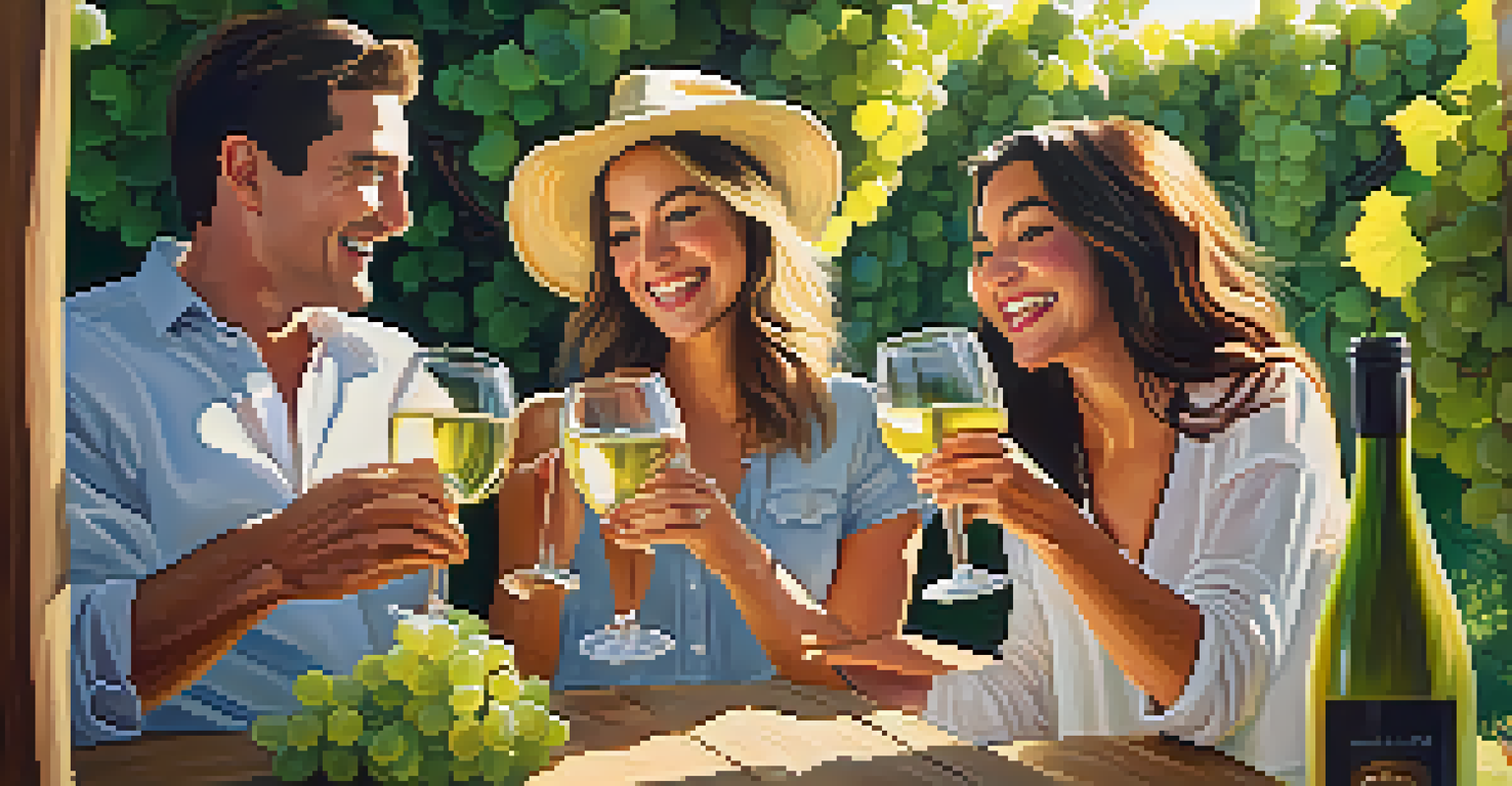 A group of friends toasting with wine glasses in a vineyard under the sun, surrounded by green vines.
