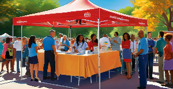 A lively health fair with booths for free health screenings, people interacting, and colorful banners in a sunny outdoor setting.