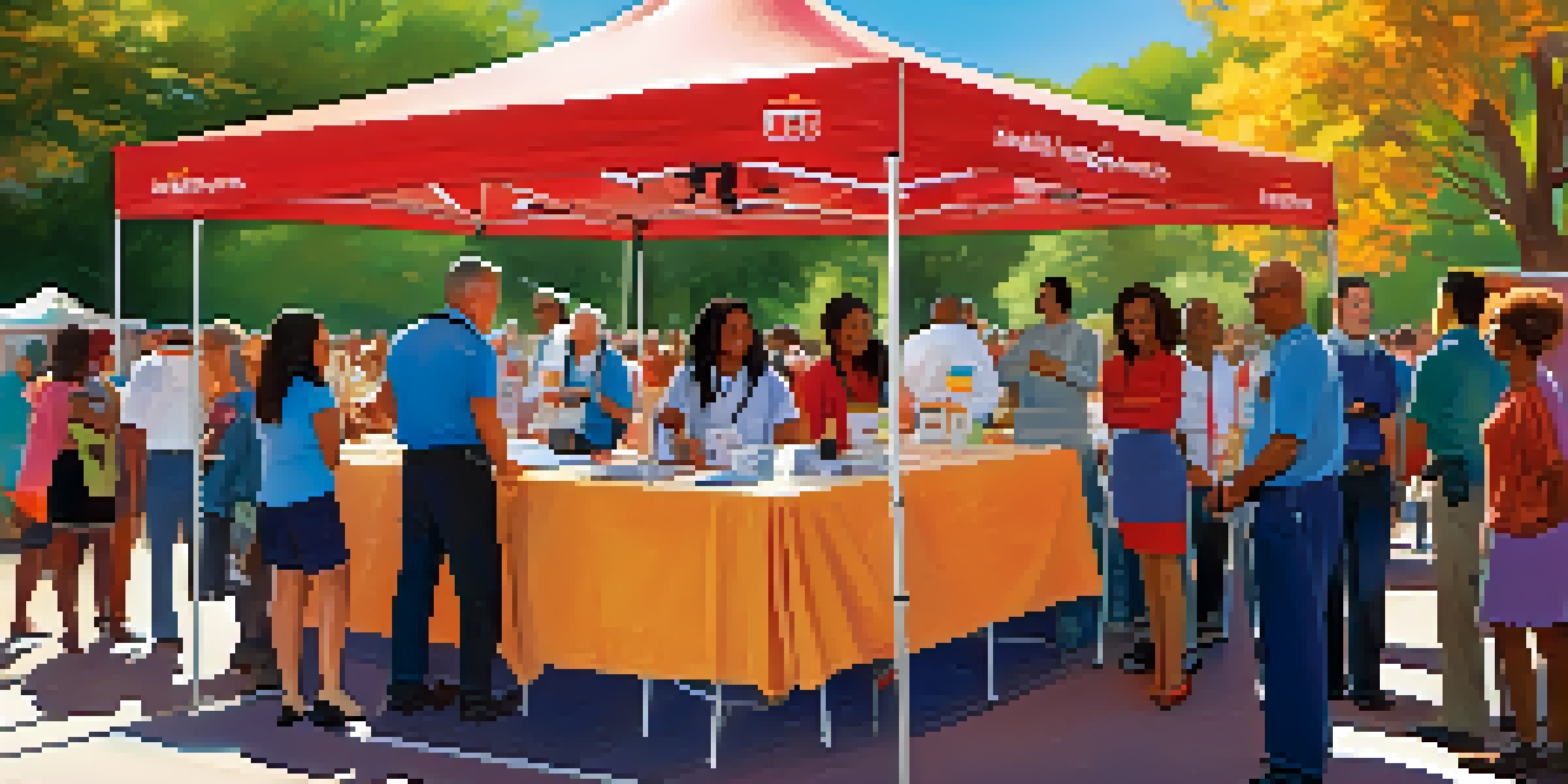 A lively health fair with booths for free health screenings, people interacting, and colorful banners in a sunny outdoor setting.