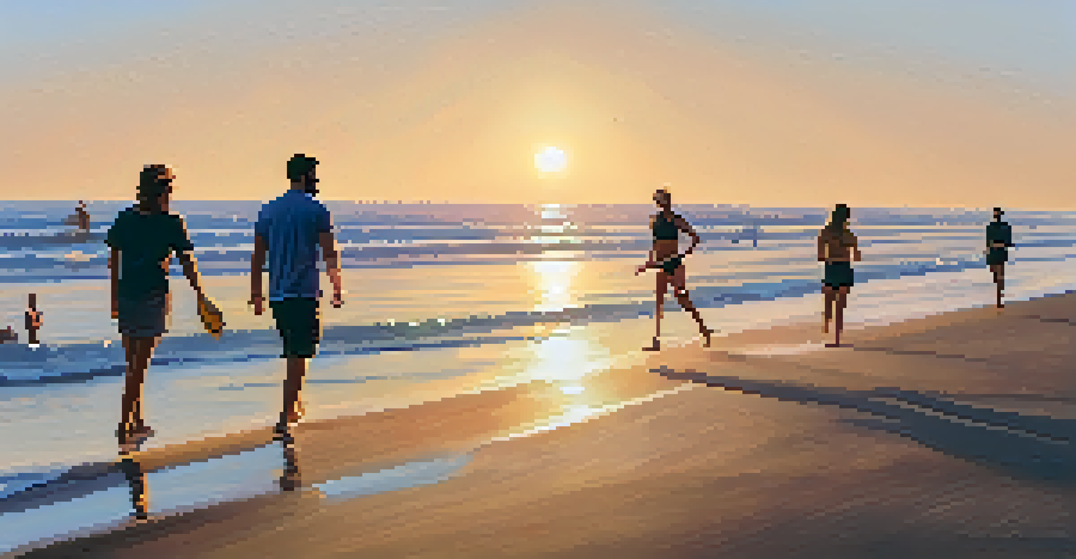 A digital nomad walking along the beach at sunset in Santa Monica, with soft waves and volleyball players in the background.