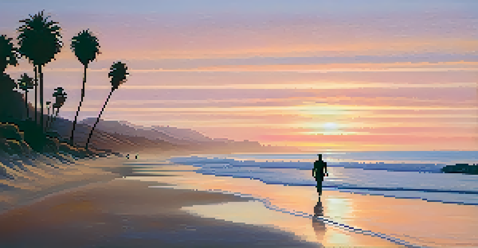 A sunset at Malibu beach with silhouettes of palm trees and a couple walking on the shore.