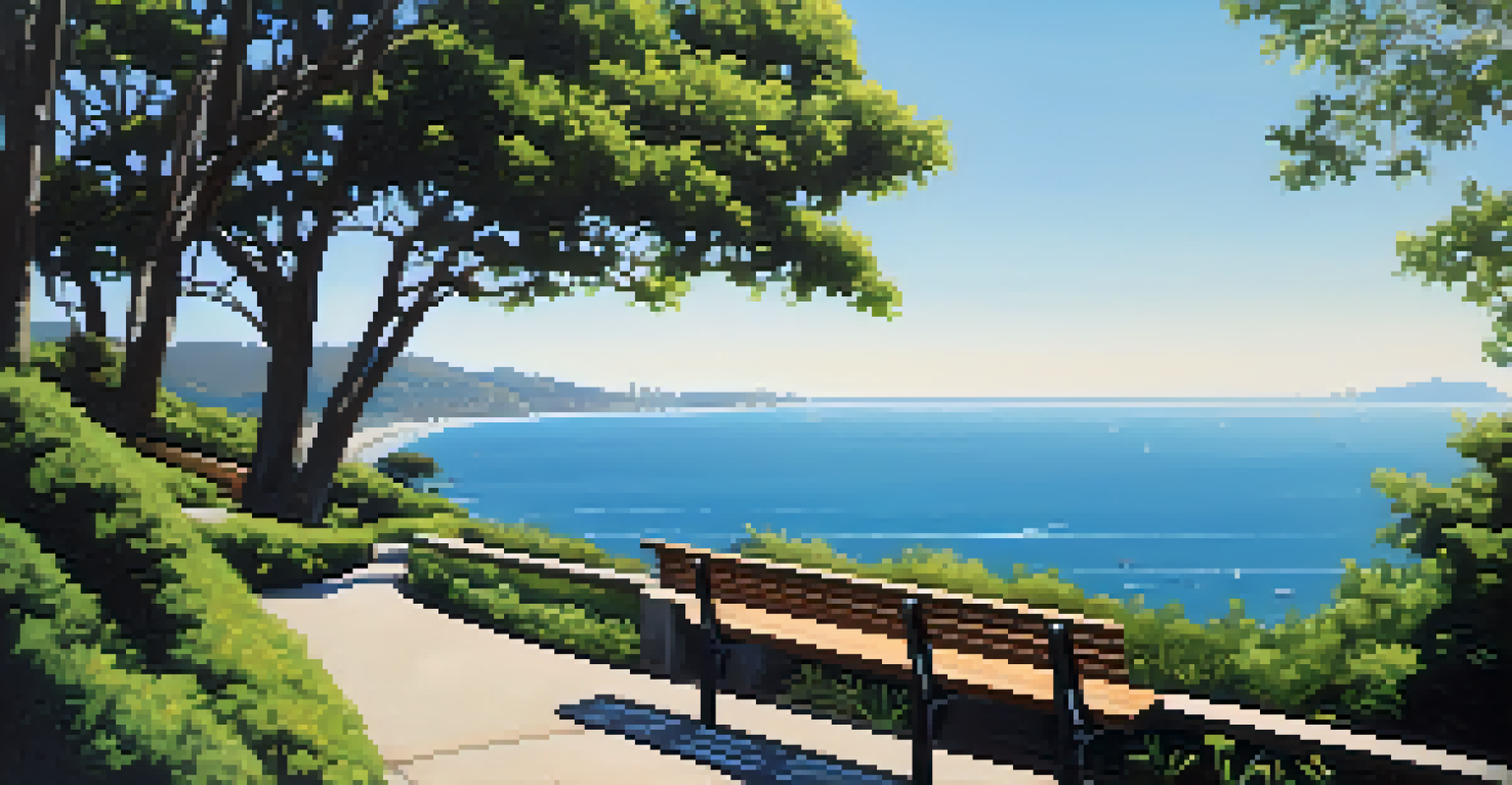 A view from Palisades Park, featuring greenery, a walking path, and an overlook of the sparkling Pacific Ocean.