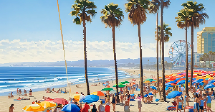 A sunny beach scene in Santa Monica with tourists relaxing on the sand, colorful umbrellas, and the Pacific Ocean in the background, featuring the Santa Monica Pier.