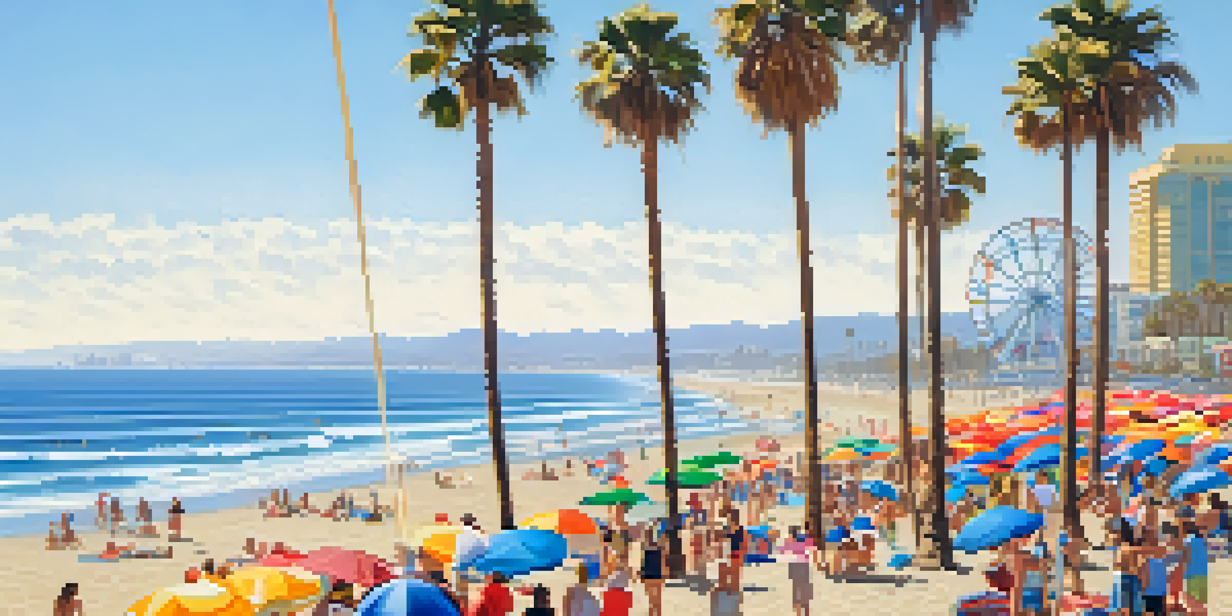 A sunny beach scene in Santa Monica with tourists relaxing on the sand, colorful umbrellas, and the Pacific Ocean in the background, featuring the Santa Monica Pier.