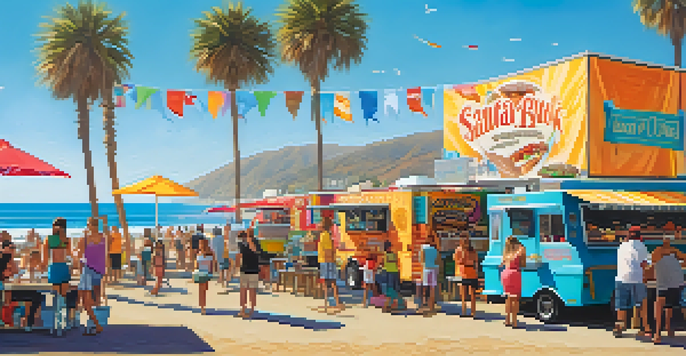 A lively food truck scene in Santa Monica with colorful trucks and people enjoying food near the beach.