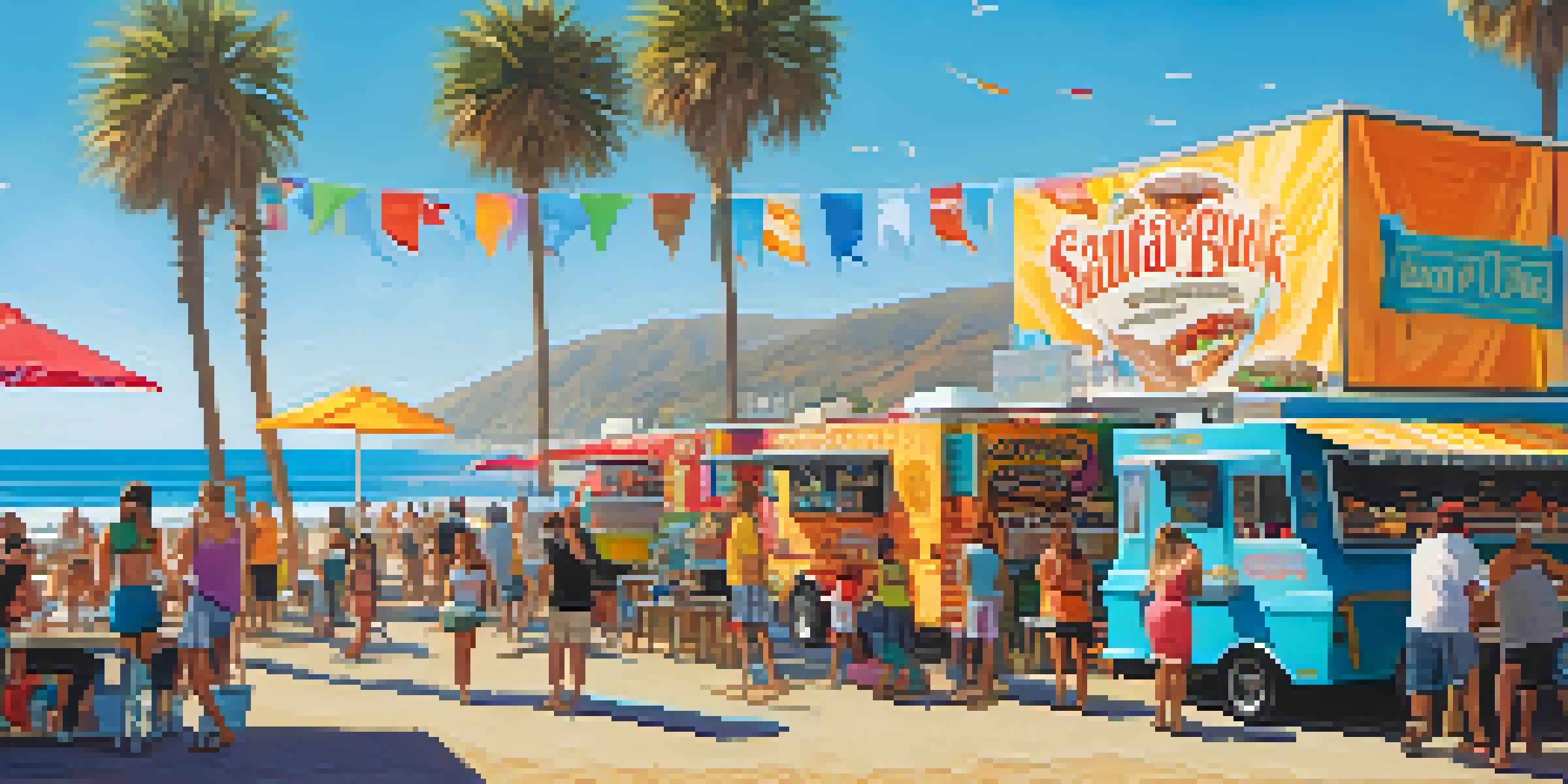 A lively food truck scene in Santa Monica with colorful trucks and people enjoying food near the beach.