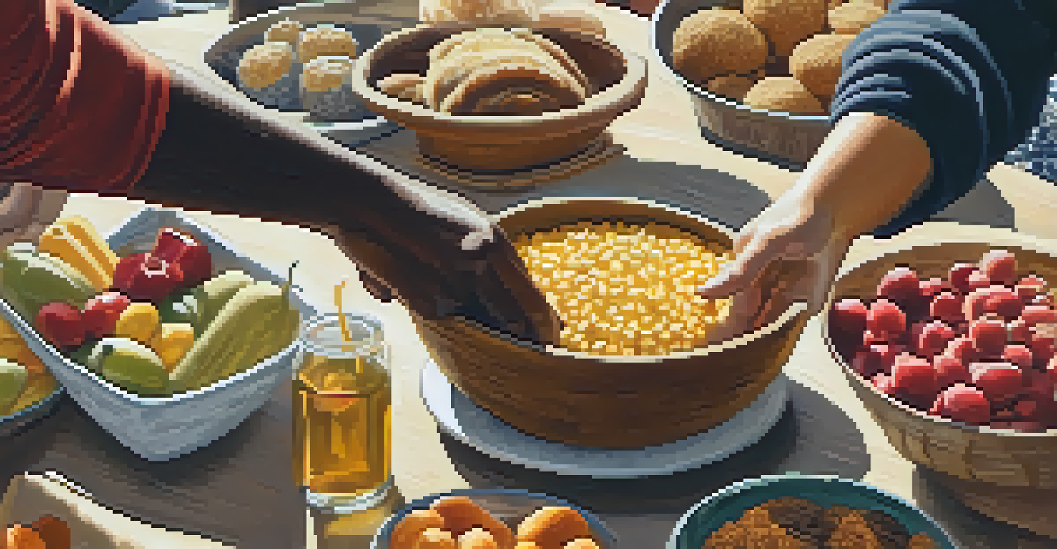 Close-up of diverse hands exchanging food at a community food drive in Santa Monica during the Great Depression, with natural sunlight illuminating the scene.