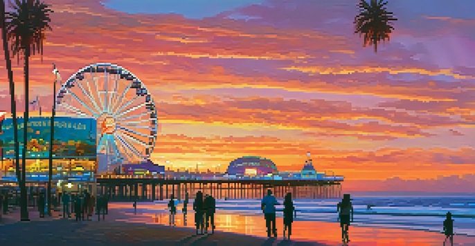A sunset scene at Santa Monica Pier with colorful skies, people on the pier, and palm trees.