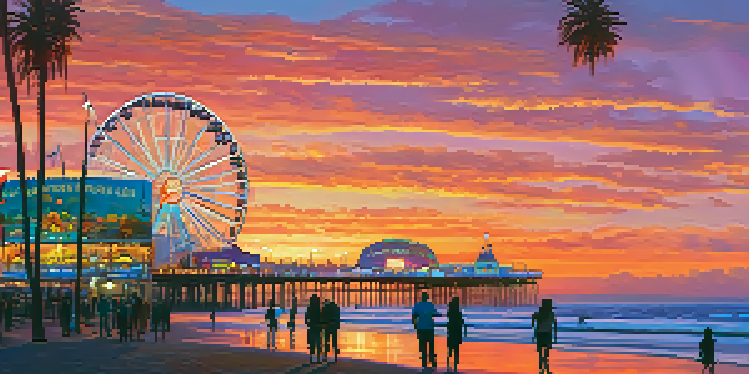 A sunset scene at Santa Monica Pier with colorful skies, people on the pier, and palm trees.