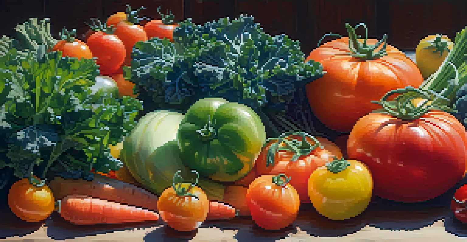 A close-up view of seasonal vegetables including heirloom tomatoes, kale, and carrots displayed on a wooden table, highlighted by soft natural light.