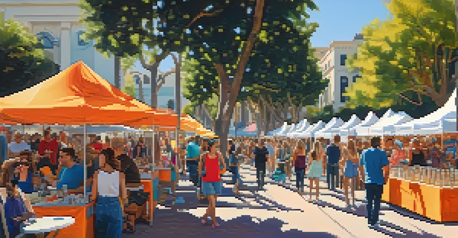 A bustling outdoor art festival in Santa Monica with artists, workshops, and attendees enjoying music and food under a bright sun.