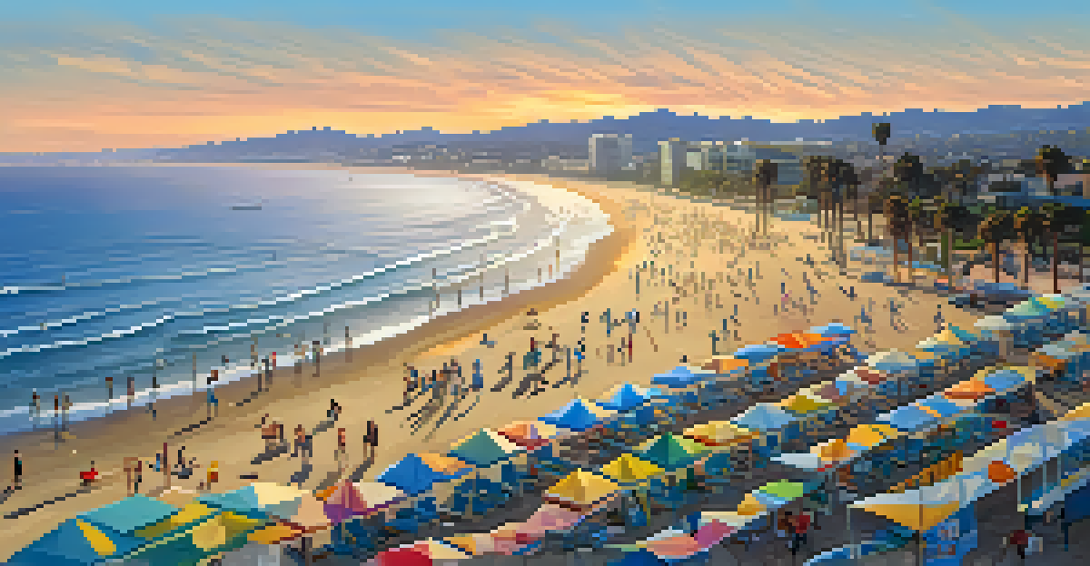 An aerial view of Santa Monica's coastline showing a clean beach with volunteers, contrasted with a small littered section, at sunset.