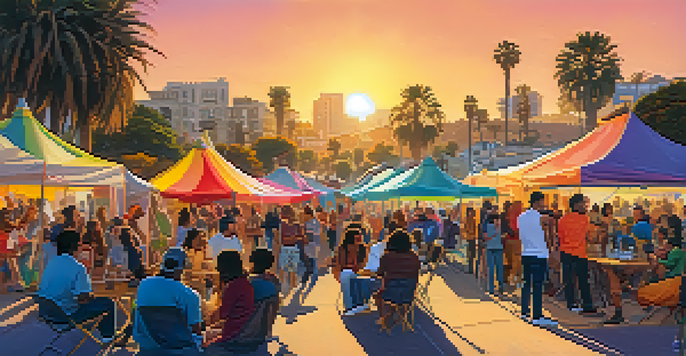 A diverse group of people engaging around a podcasting booth at a community event in Santa Monica, with colorful tents and a sunset in the background.