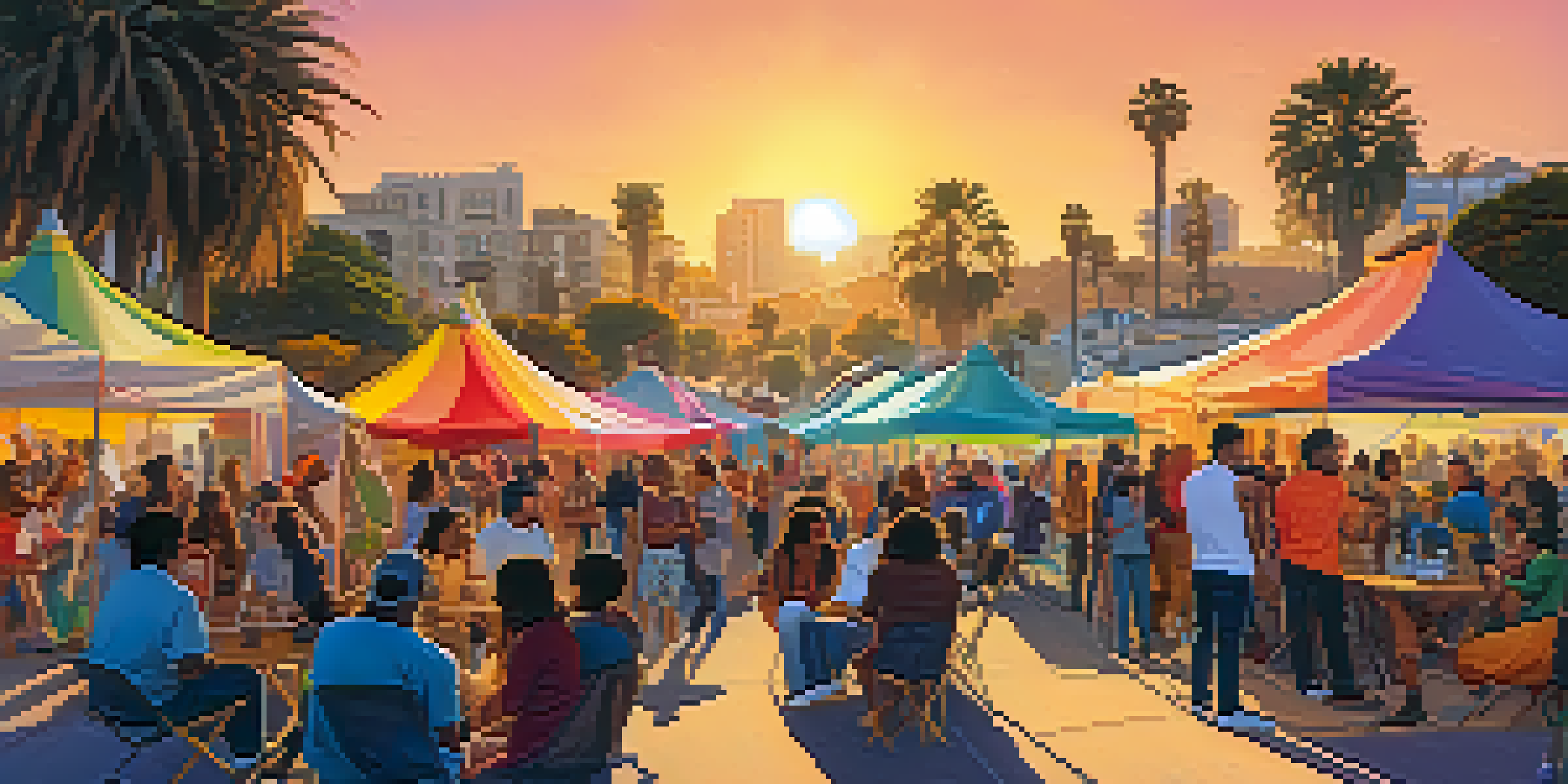 A diverse group of people engaging around a podcasting booth at a community event in Santa Monica, with colorful tents and a sunset in the background.