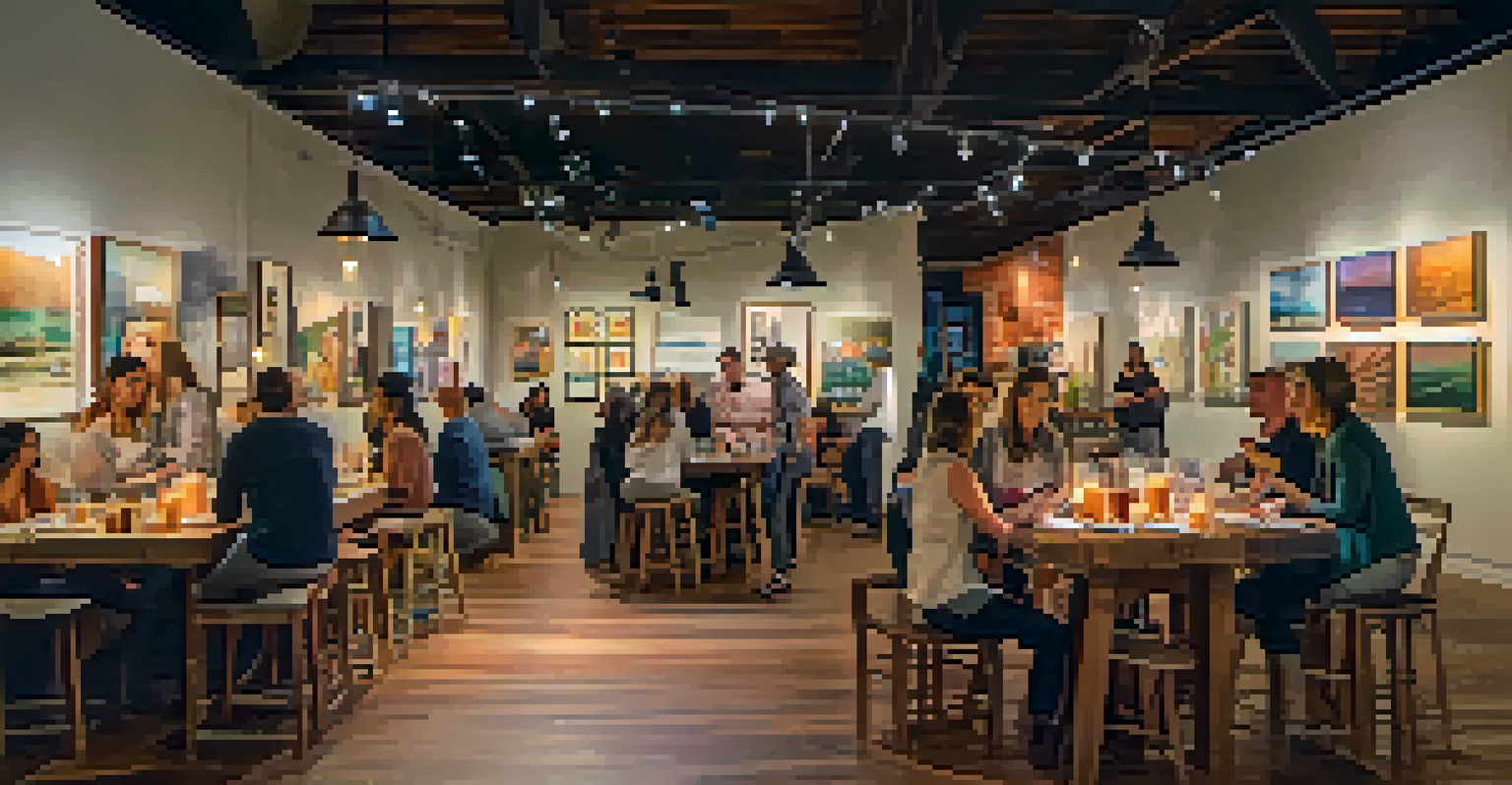 An intimate pop-up art exhibition in a cafe, showcasing local artists' works in a warm, inviting atmosphere.