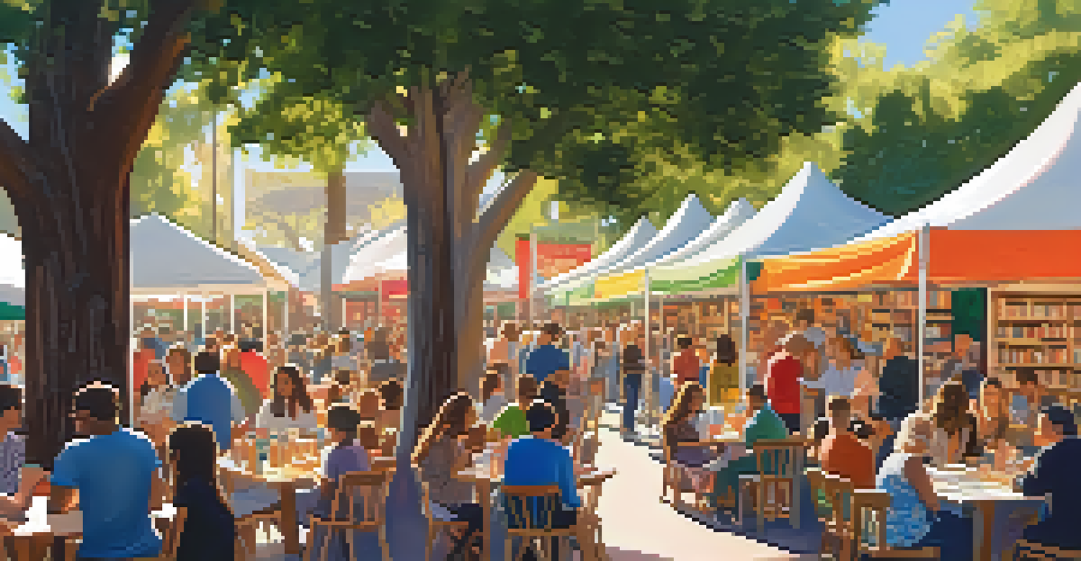 A vibrant outdoor community event with people gathering around tables for a book signing with a local author.