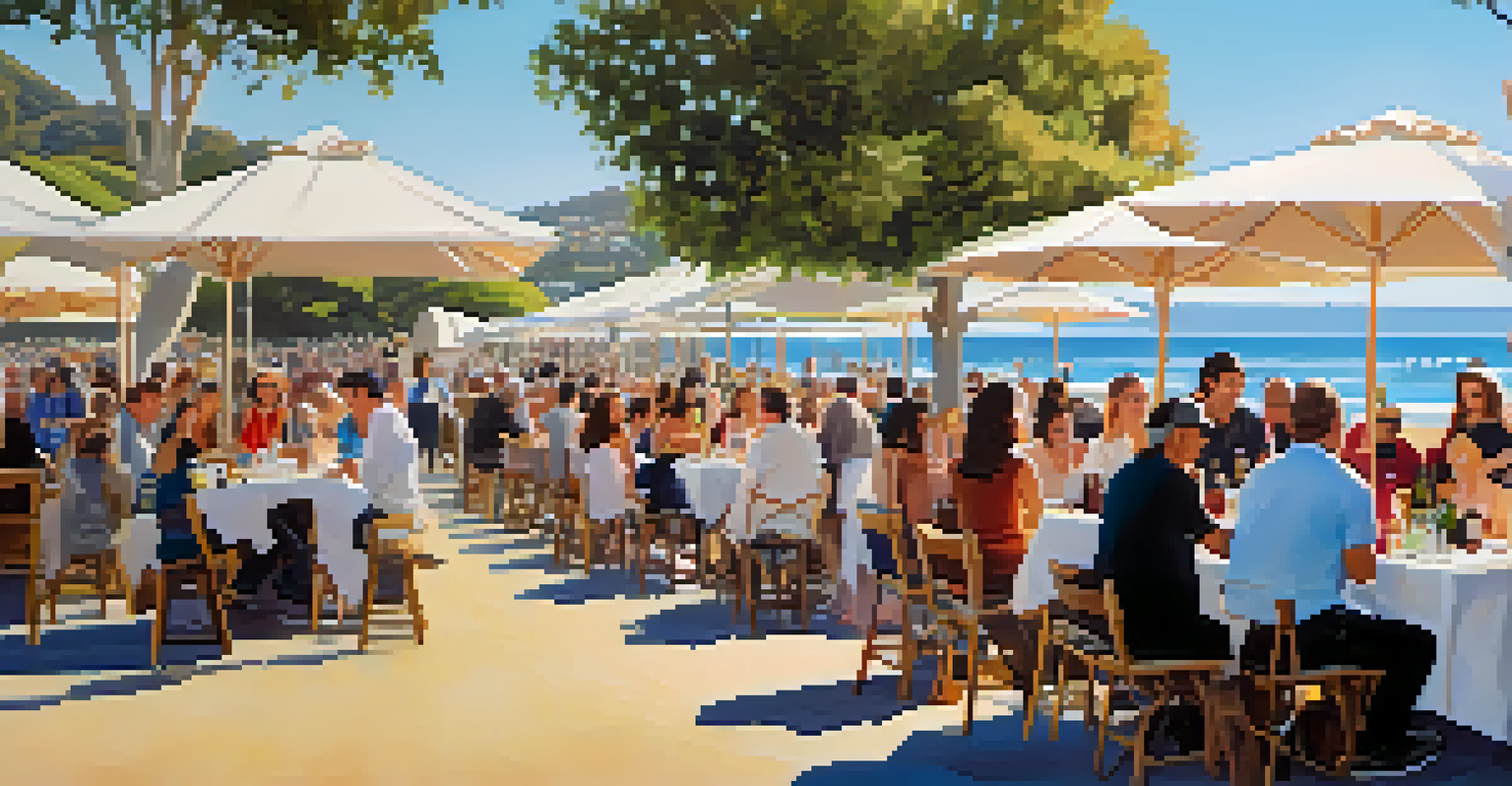 Attendees enjoying wine tasting at the Santa Monica Wine Festival, set against ocean views and surrounded by food trucks and lively music.