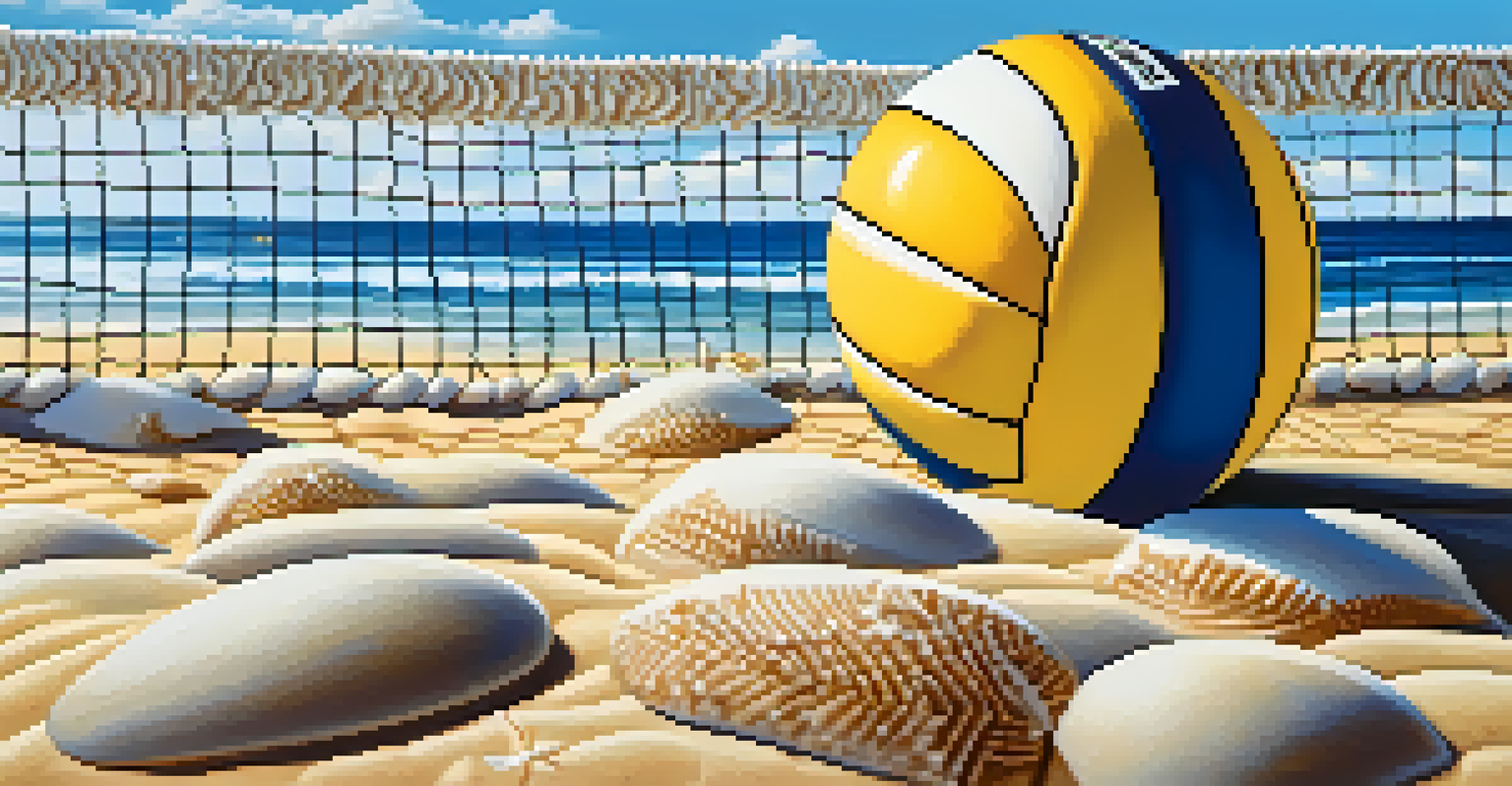 A close-up of a beach volleyball on the sand, with ocean waves and a blue sky in the background.