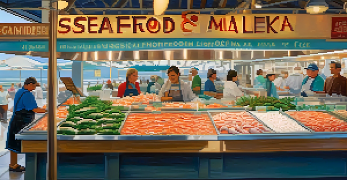 A bustling seafood market in Santa Monica with fresh fish and shellfish on display, customers engaging with staff, and bright natural light illuminating the scene.