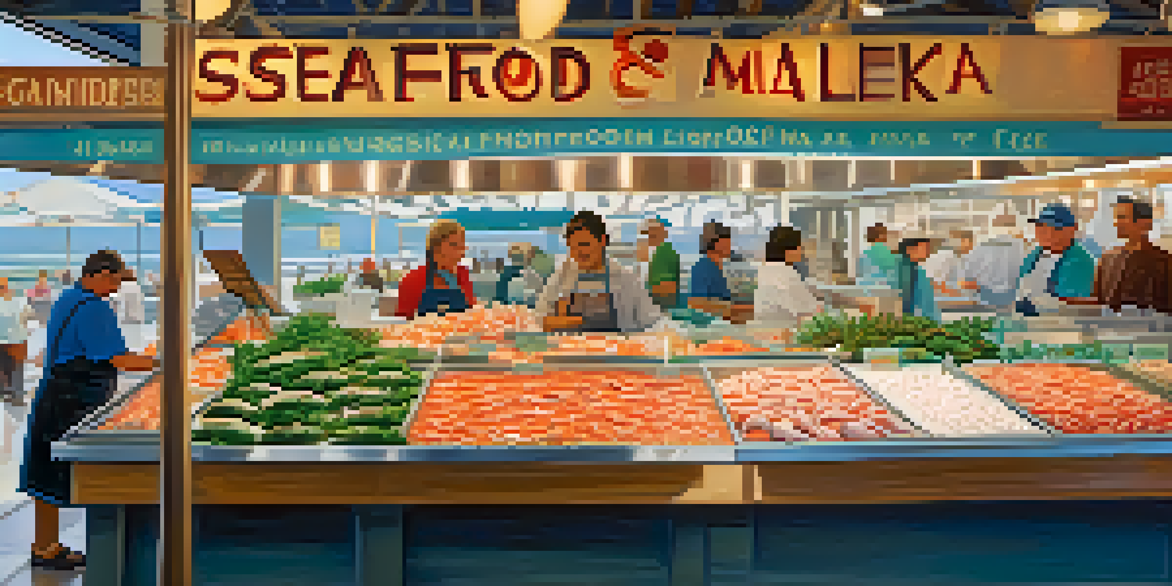 A bustling seafood market in Santa Monica with fresh fish and shellfish on display, customers engaging with staff, and bright natural light illuminating the scene.