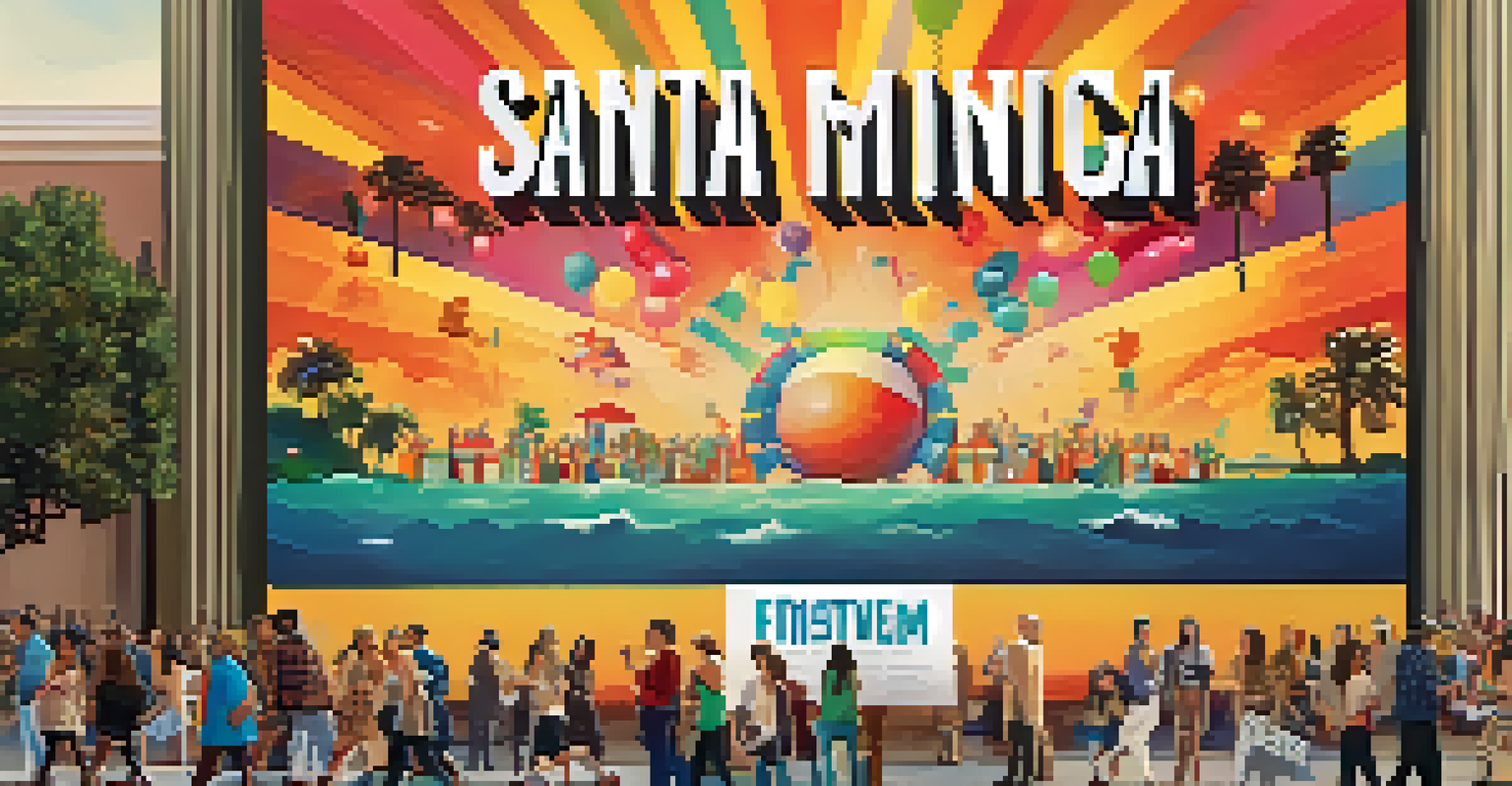 Close-up of the Santa Monica Film Festival banner with attendees in the background.